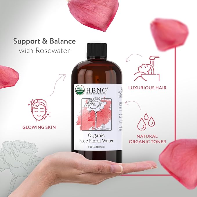 HBNO California Bottled Organic Rose Water for Face - 16 fl oz (480ml) Value Size - USDA Certified Pure for Hair, Skincare, Haircare