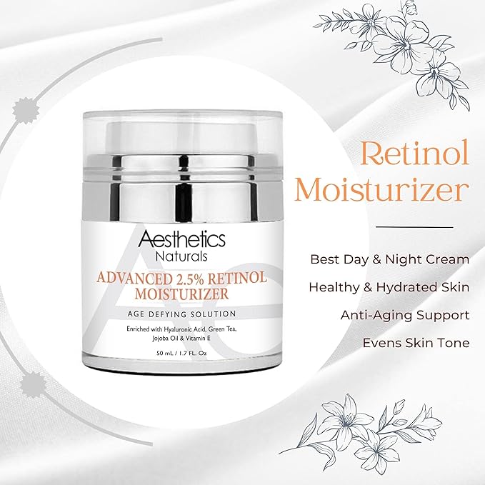 Retinol Cream - Anti-Aging Face & Neck Moisturizer with 2.5% Retinol, Vitamin E, Green Tea, Hyaluronic Acid, Organic Jojoba Oil, & Shea Butter, Day & Night Anti-Wrinkle Cream 1.7oz