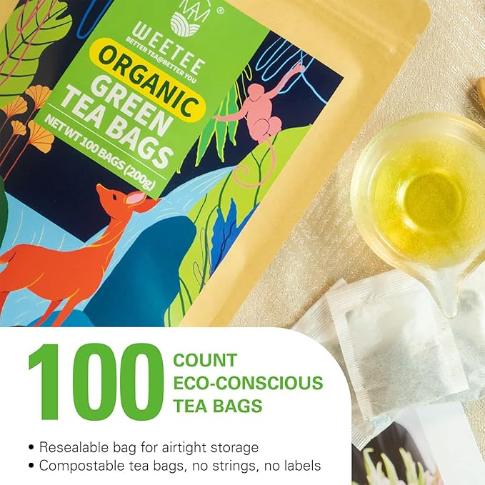 WT WEETEE Organic Green Tea Bags, Organic Pure Green Tea 100 Count, Super Antioxidant | Resealable Kraft Bag | Brew Hot or Iced