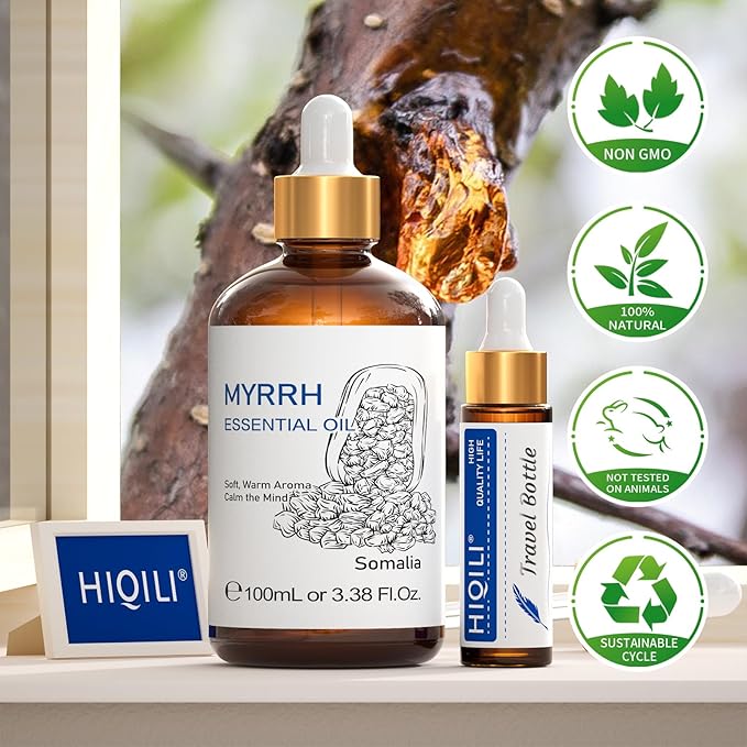 HIQILI Myrrh Essential Oil for Skin, Face, Diffuser, Add to Perfume, Toothpastes, Candle, Soap - 3.38 Fl Oz