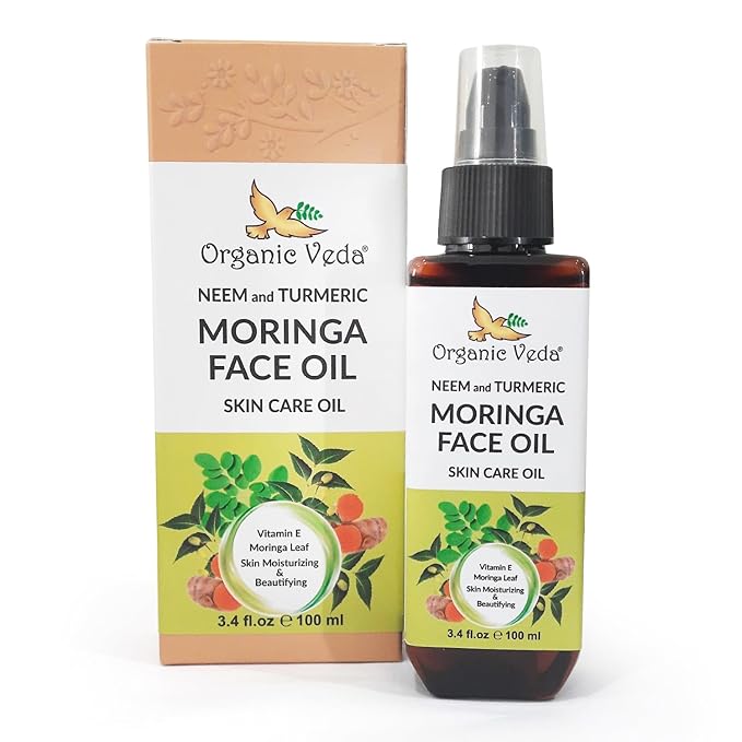 Organic Veda Moringa Face Oil with Neem & Turmeric - 100% Pure Cold Pressed Skin Care Oil Moisturizer for Face Hair & Skin, Natural Skin Glow - 3.4 oz