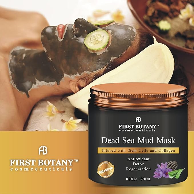 First Botany, 100% Natural Mineral-Infused Dead Sea Mud Mask 8.8oz Stem Cells Facial Treatment Skin Cleanser Pore Reducer Anti Aging Acne Treatment Blackhead Remover Cellulite & Natural Moisturizer