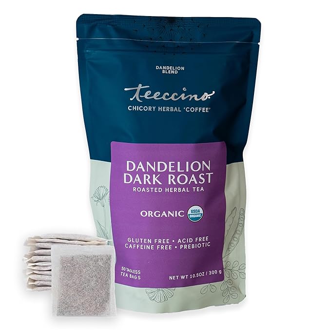Teeccino Dandelion Herbal Tea, 50 Tagless Eco-Friendly Tea Bags - Dark Roast - Caffeine Free, Prebiotic, Gluten Free, 3x More Herbs