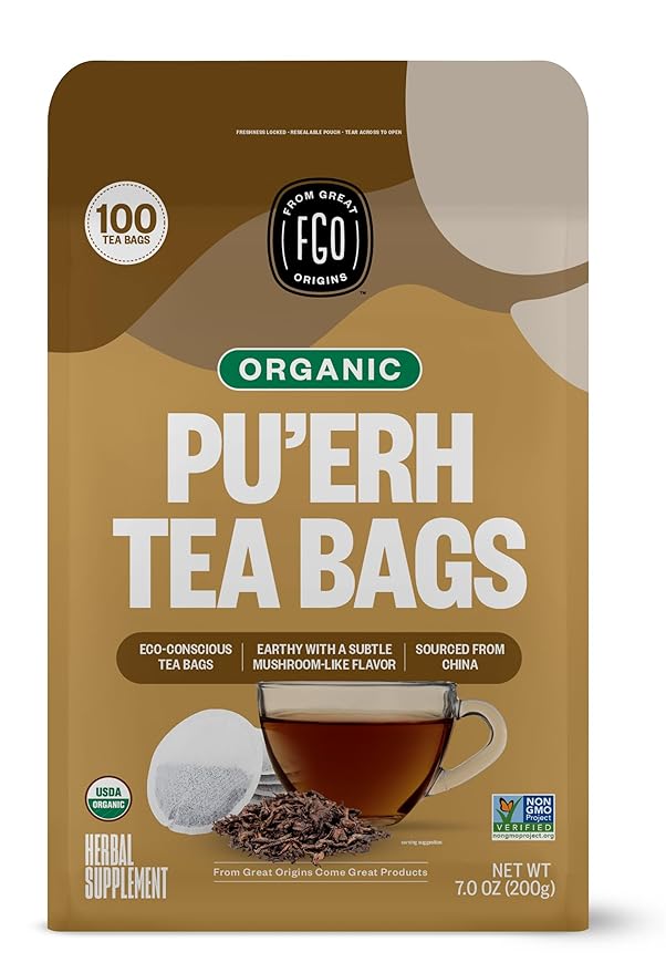 FGO Organic Pu'erh Tea, 100 Count, Eco-Conscious Black Tea Bags, Resealable Bag, Packaging May Vary (Pack of 1)