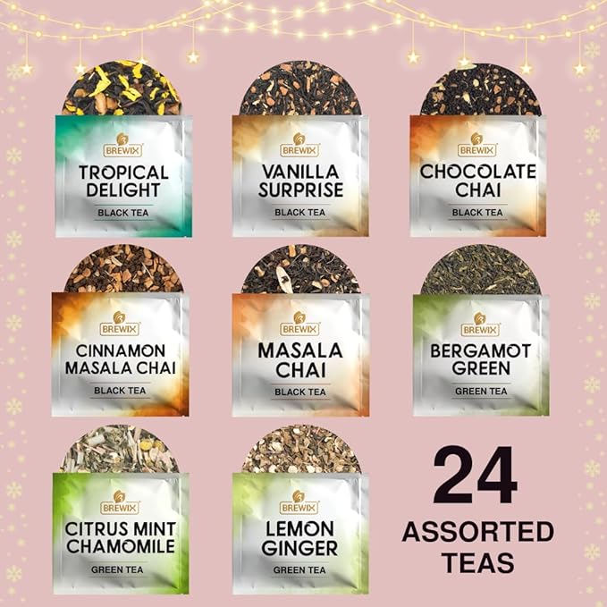 BREWIX, Tea Advent Calendar 2024 | 24 Pyramid Tea Bags - Luxury Gift Box | Selection of 24 Delightful Black/Green Teas and Infusions | Christmas Gift Idea for Men and Women