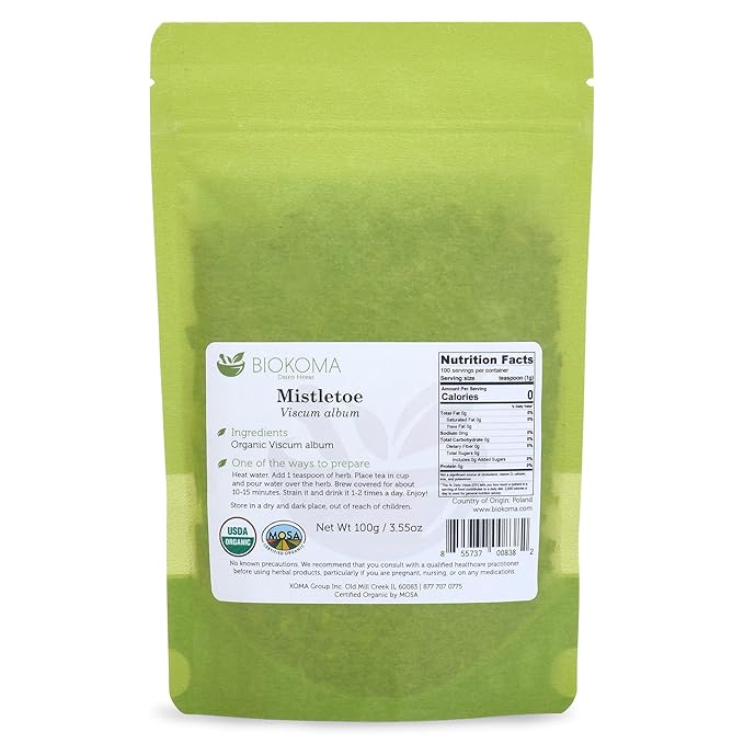 Biokoma Pure and Organic Mistletoe Dried Herb 100g (3.55oz) In Resealable Moisture Proof Pouch, USDA Certified Organic - Herbal Tea, No Additives, No Preservatives, No GMO, Kosher