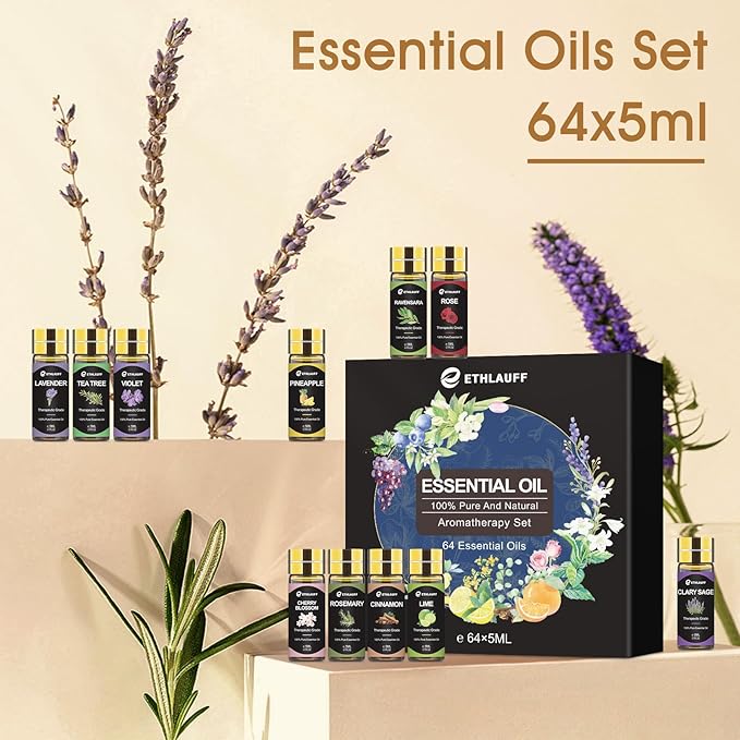 Essential Oil Set 64 Pack -Aromatherapy Essential Oils Kit-Fragrance Oils Perfect for Diffuser, Humidifier, Massage,Soap, Skin & Hair Care, Candle Scented Oil (0.17oz)