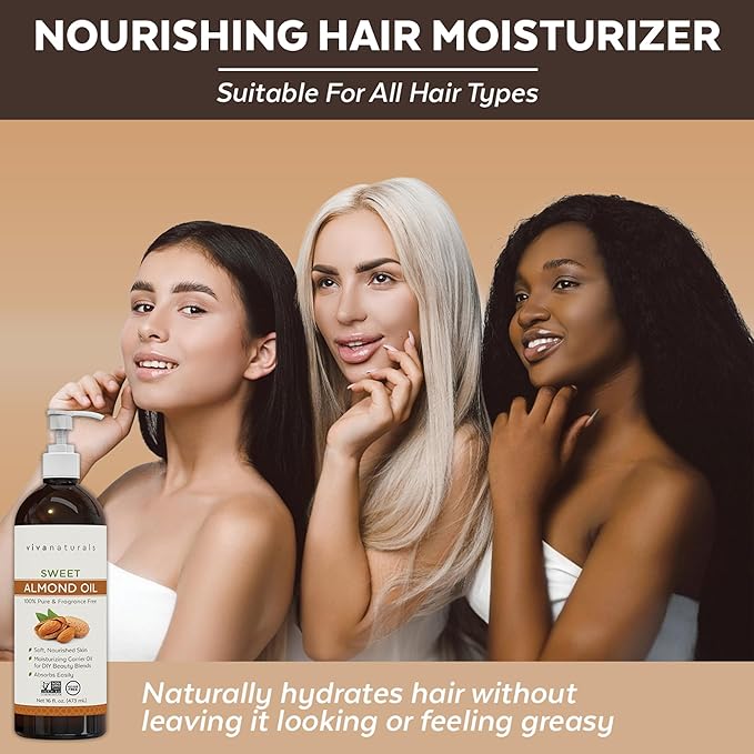 Sweet Almond Oil for Skin - Body Oil, Hair Moisturizer and Relaxing Massage and Oil, Carrier Oil for Essential Oils Mixing, Non-Greasy Pure Sweet Almond Oil for Hair and Skin, 16 fl oz