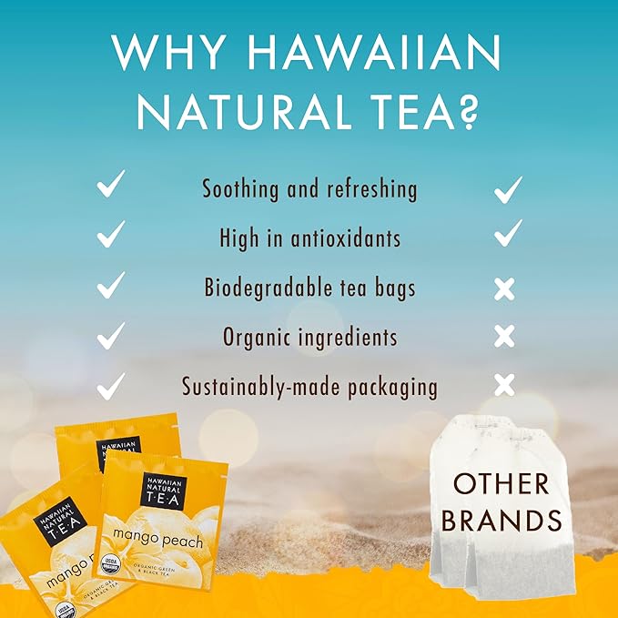 Hawaiian Natural Tea Mango Peach Flavored Organic Tea - Tropical Fruit Green and Black Tea Blend - Perfect Daily Cup & Gift for Special Occasions - 120 Tea Bags