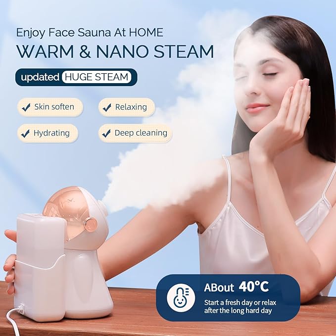 Facial Steamer,with 7 Colors Led Light,Face Steamer for Facial Deep Cleaning,Warm Mist Nano Ionic Steamer for Face Spa Kit,Face Humidifier,Facial Sauna Use at Home, Gift for Women（Rosegold with Light）