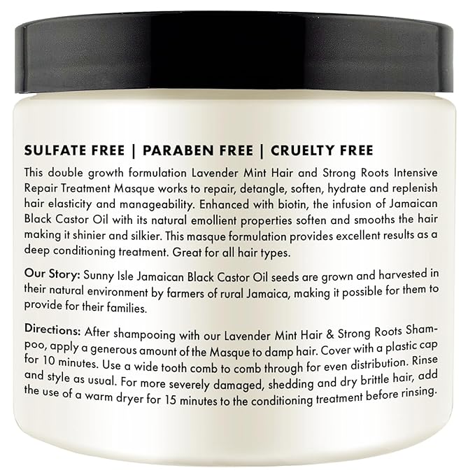 Sunny Isle Lavender Mint Hair and Strong Roots Intensive Repair Masque 16oz | Double Growth Formula | Biotin and Jamaican Black Castor Oil