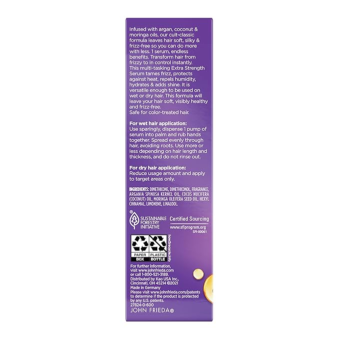 John Frieda Frizz Ease Extra Strength Hair Serum, Instantly Smooths for Healthy, Hydrated, Frizz-Free Hair, for Thick and Coarse Hair, with Argan, Coconut, and Moringa Oil for Heat Protection, 1.69 Oz