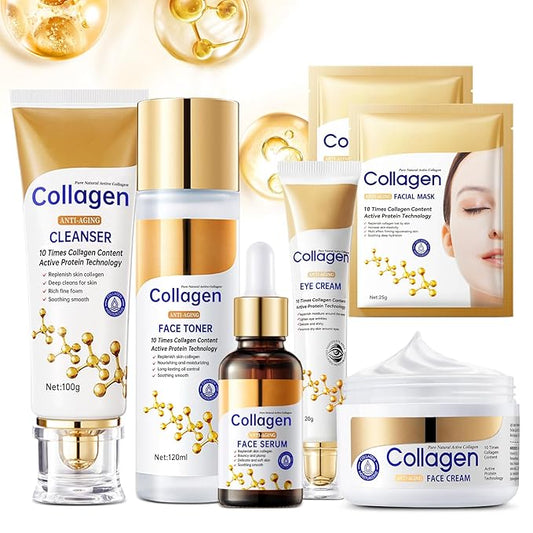 Collagen Skin Care Set, Anti Aging Skincare Set for Wrinkles & Fine Lines, Shrink Pores, Hydrate & Firm Skin, 7 Pcs Skincare Kits for Women with Cleanser, Toner, Serum, Cream, Eye Cream, 2 Pcs Masks.