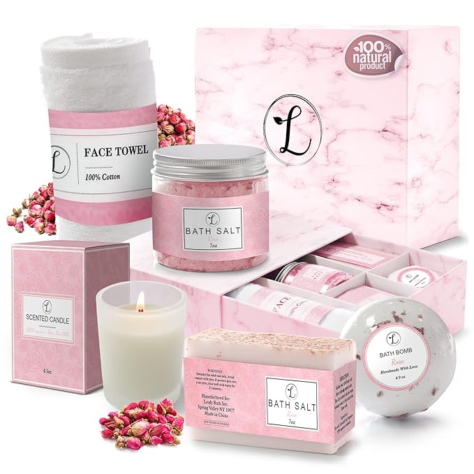 Spa Gift Set 100% Natural, Gift Box Includes: Bath Bomb, Bath Salt, Hand Soap, Scented Candle, Face Cloth and Gift Box. Best Gift for Her. (Rose)