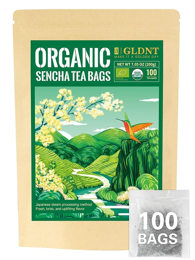 GLDNT Organic Sencha Tea Bags, Natural Organic Sencha Green Tea, Fresh & Smooth Flavor, Iced & Hot Tea, 100 Count