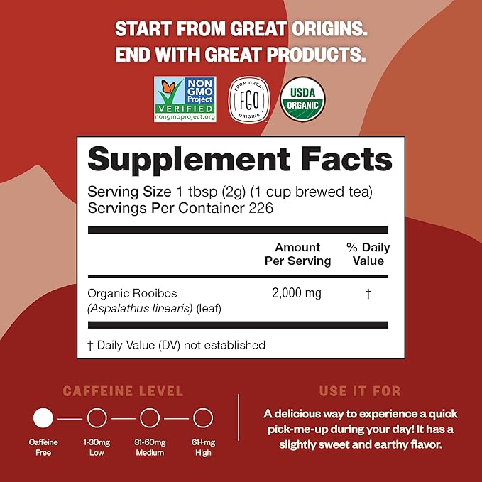 FGO Organic Rooibos Tea, 16 Ounce Loose Leaf Bulk Resealable Bag, Caffeine Free, Packaging May Vary (Pack of 1)