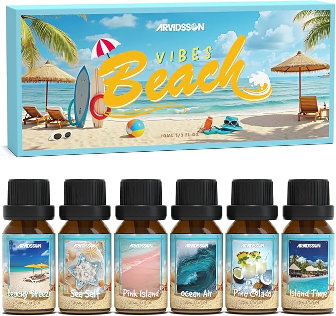 Beach Fragrance Oils Set, ARVIDSSON Summer Essential Oils for Diffuser - Beachy Breeze, Ocean Air, Pina Colada, Pink Sand, Sea Salt, Island Time, Tropical Scented Oil