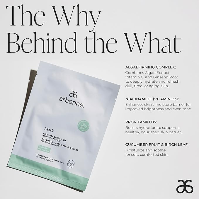 Arbonne Radiance Face Sheet Mask - Sheet Face Mask with Niacinamide for Dry and Dull Skin, Enhance Brightness, Tone, Smooth and Hydrate Skin - 10 Pack
