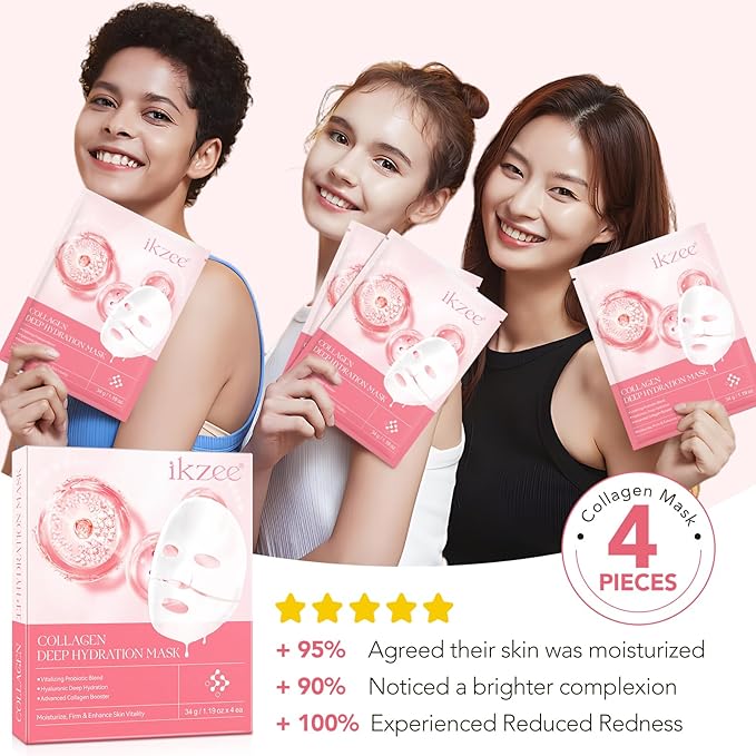 Collagen Face Mask - Collagen Real Deep Mask - Deep Collagen Overnight Mask for elasticity, firming, and moisturizing - 4 Packs