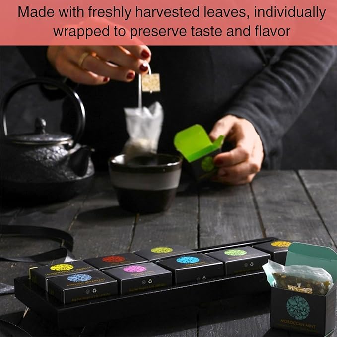 Ceremonie Tea Herbal Variety Pack - Kosher Set with Reusable Wooden Tray - Assorted Sampler With 10 Individually Wrapped Silky Mesh Bags - Single Serve Pouches