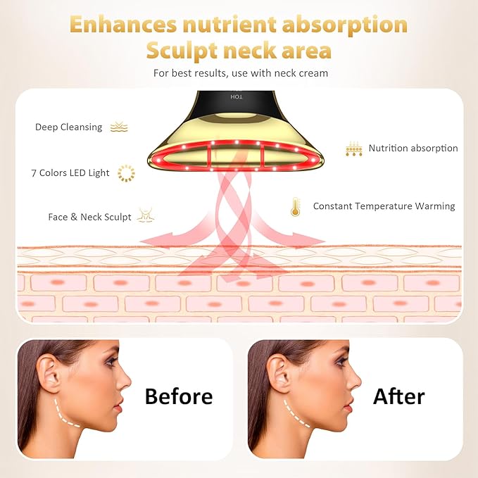 Neck and Face Sculptor with 7-in-1 Led for Skin Care,Water Resistant True Beauty Glow Facial Massager (Black-Gold)