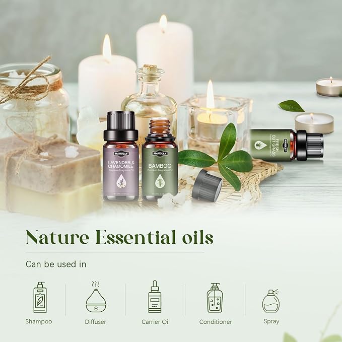 Essential Oils Set, Nature Scents Fragrance Oil Aromatherapy Essential Oils Kit for Diffuser (6x10ML) Sandalwood &Rose, Bamboo, Rain, Lavender &Chamomile, Fresh Cut Grass, Forest Pine Oil