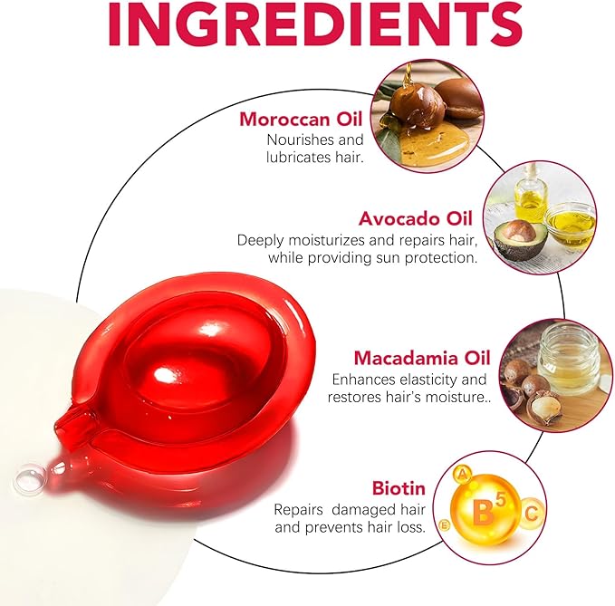 Hair Treatment Serum Hair Vitamin Capsules 60Pcs, with Vitamin A C E Pro B5, No Rinse with Argan Macadamia/Avocado Oil for Hair Repair, Smooth & Anti Frizzy (red, 60)