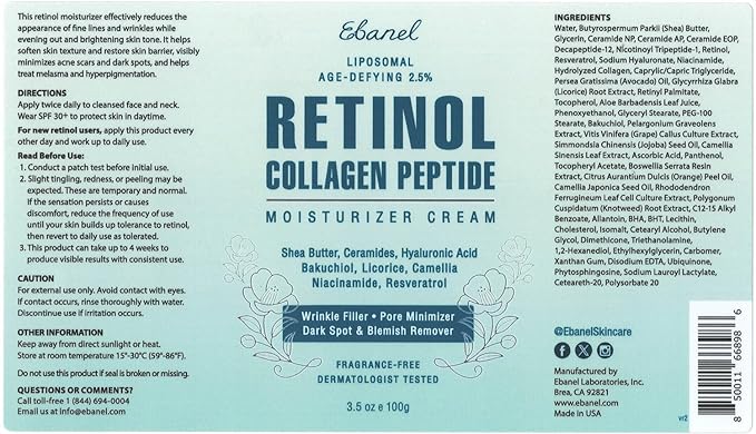 Ebanel Retinol Cream for Face with Collagen, Peptides, Ceramides, Moisturizer with Hyaluronic Acid, Vitamin C & B5, Firming Anti Aging Face Cream for Wrinkles, Fine Lines, Dark Spots, Day and Night