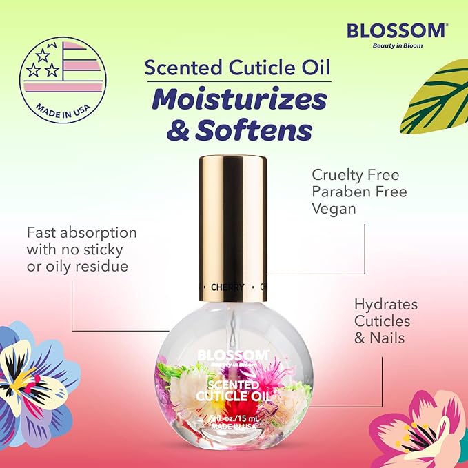 Blossom Hydrating, Moisturizing, Strengthening, Scented Cuticle Oil, Infused with Real Flowers, Made in USA, 2 Pack Bundle, Cherry + Amazon Exclusive Raspberry
