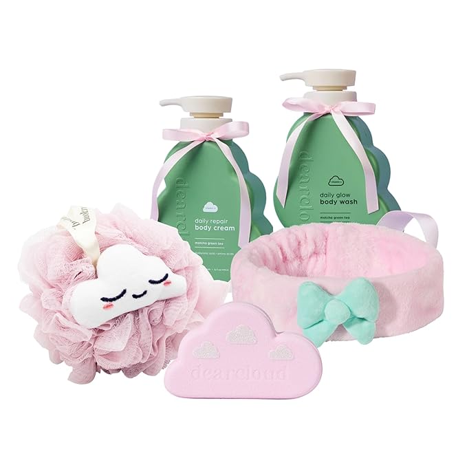 Pretty in Pink Spa Set – Body Care Kit with Lotion, Wash, Bath Bomb, Loofah & Headband - Self Care Set for Women, Relaxing Bath & Skincare Bundle