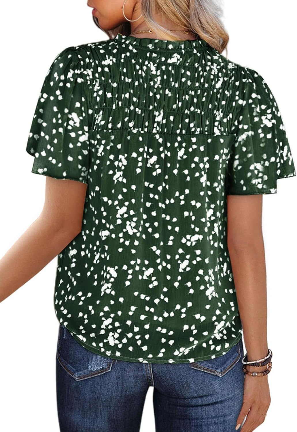 SHEWIN Women's Casual V Neck Floral Print Smocked Short Sleeve Chiffon Blouses Bohemian Top Shirts