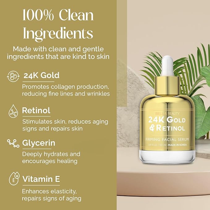 Bella Beauty 24K Gold & Retinol Face Serum - Reduces Age Spots, Fine Lines & Wrinkles, Lifting & Firming - Dermatologist Tested, Cruelty-Free Korean Skin Care for All Skin Types - 1.69 Fl. Oz