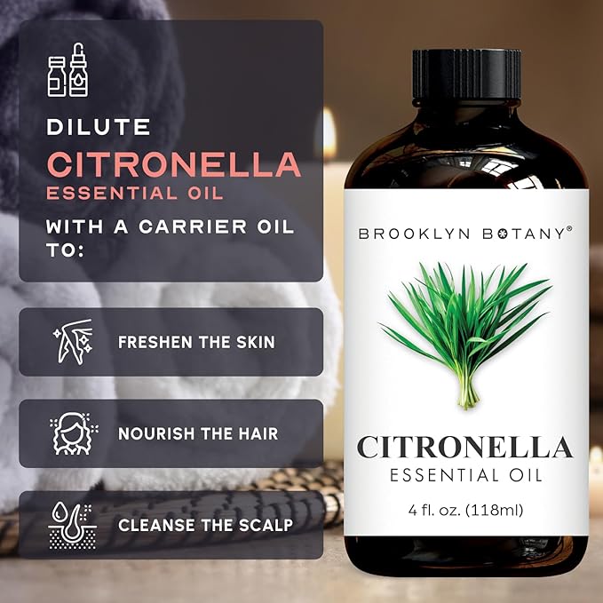 Brooklyn Botany Citronella Essential Oil – 100% Pure and Natural – Premium Grade Oil with Dropper - for Aromatherapy and Diffuser - 4 Fl Oz