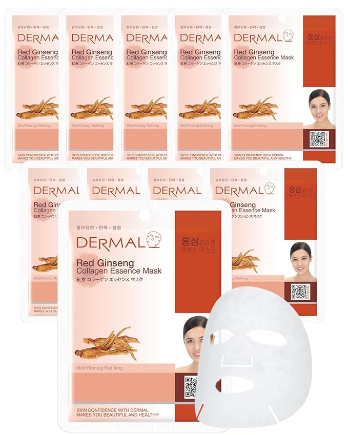 DERMAL Red Ginseng Collagen Essence Mask - Reduces Wrinkles, Radiant Skin, Rejuvenating Skin - Hypoallergenic Skin Friendly Sheet