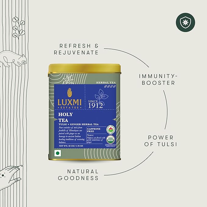 Luxmi Estates - Holy Basil - Organic Tulsi Tea - Loose Leaf - 50g (25 Cups) | With Tulsi and Ginger | Provides Immune Support, Stress Relief and Uplifts Mood