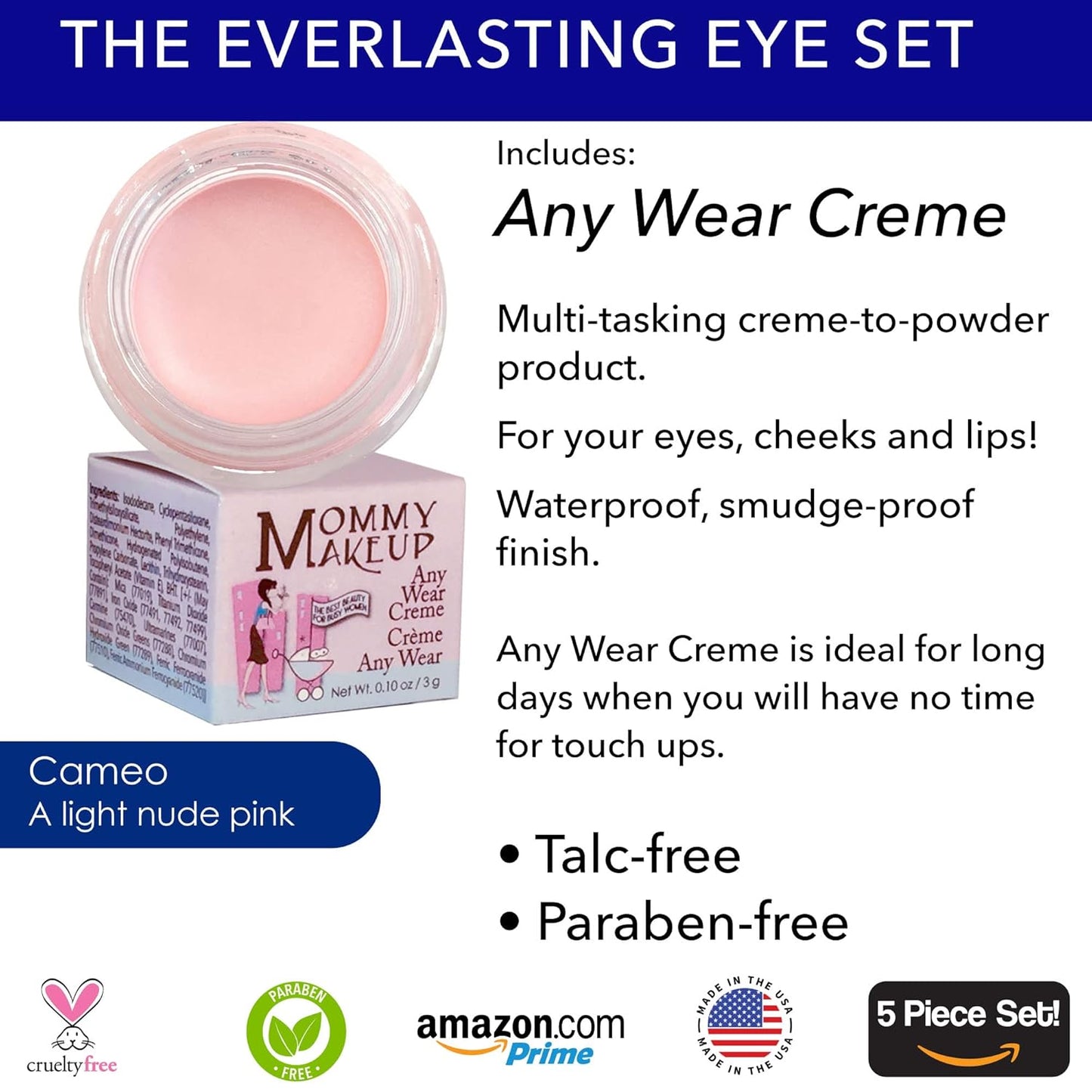 The Everlasting Eye 5 Piece Waterproof Makeup Set. Gel Eyeliner, Creme Eyeshadow, 2 brushes and Mesh Bag. Paraben-free, Talc-free, Cruelty-free. Cameo/Chocolate Kiss 2302