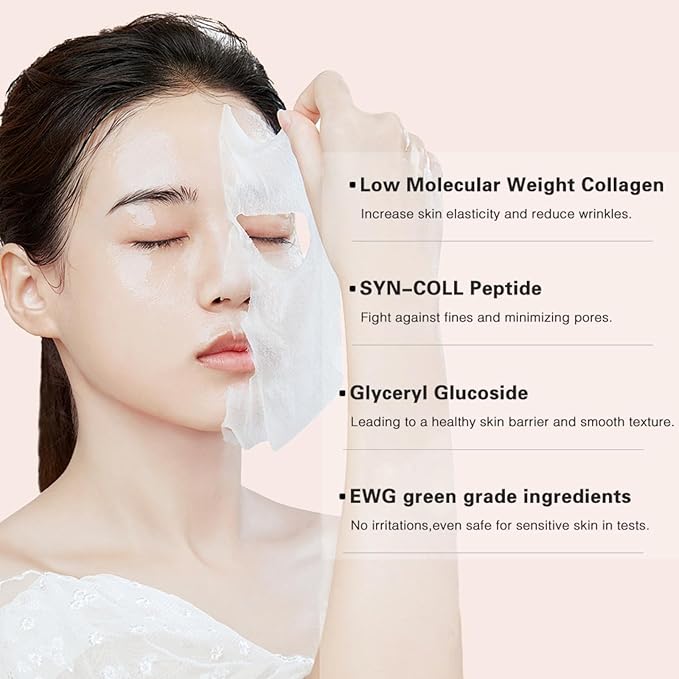 Deep Collagen Anti Wrinkle Lifting Mask,Moisturizing Overnight Collagen Face Mask,Facial Sheet Mask with Low Molecular Weight Collagen,Lifting,Firming,Easily Absorbed Overnight Hydration Mask-36gx4pcs