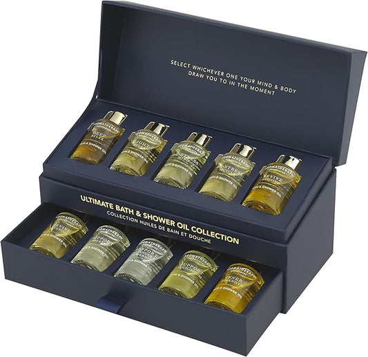 Aromatherapy Associates Essential Oil Blends for Dry Skin Oil & Body Oil for Men & Women, Luxury Shower Oil for Daily Aromatherapy Bath & Body Care, 10 Pack (0.30 fl oz Each), Decorative Gift Box