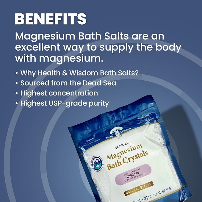 Health and Wisdom Magnesium Bath Salt - Magnesium Chloride Flakes for Bath Soak, 4X Epsom Salt Concentration, Unscented Formula, Dead Sea Sourced, Resealable Bag, Zero Additives - 88 Ounces