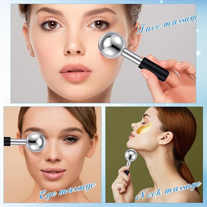 Baderke 2 Pcs Ice Globes for Face Stainless Steel Cooling Globes Unbreakable Cooling Roller Women Ice Balls Cryo Sticks Face Skin Care for Dark Circles, Puffiness(Silver (black Handle))