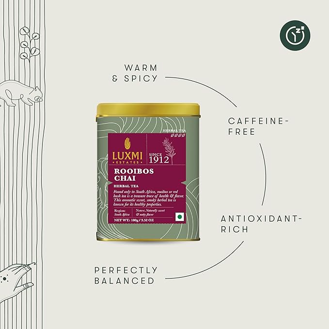 Luxmi Estates - Rooibos Chai - Organic Rooibos Tea with Spices - Loose Leaf - 100g (50 Cups), Limited Fall Tea with Cinnamon, Cardamom and Clove, Perfect for Relaxation