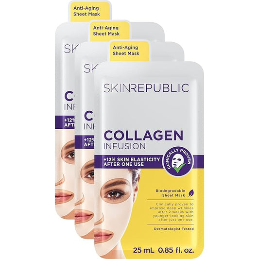 Skin Republic Collagen Infusion Sheet Mask. Clinically Proven to Reduce Deep Wrinkles After 2 Weeks. Made in Korea. 3 Pack.