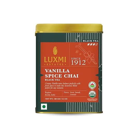 LUXMI Estates Vanilla Spice Chai 100Gm Loose Leaf Tin | Certified Organic Black Tea Leaf | Smooth, Flavorful, Robust, Caffeinated | Darjeeling & Assam Tea From India, 100 grams