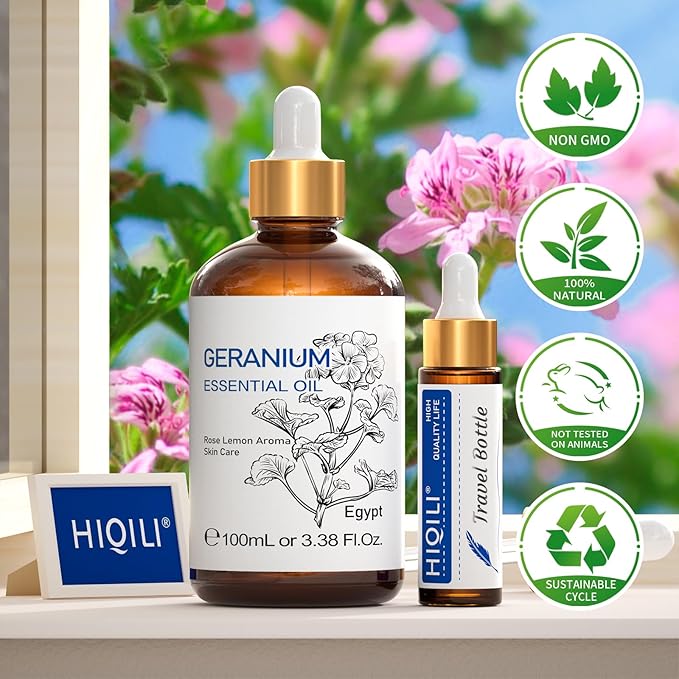 HIQILI 100ML Geranium Essential Oil for Skin, Diffuser & Candle, 100% Pure and Natural - 3.38 Fl Oz
