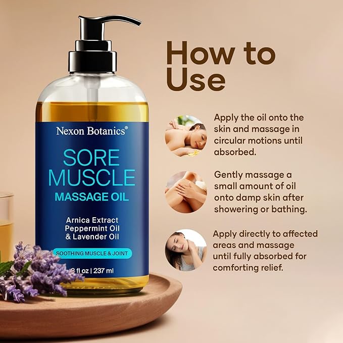 Sore Muscle Massage Oil 8 fl oz - Arnica Massage Oil for Therapy & Pain Relief - Peppermint & Lavender for Body & Muscle Relaxation - Nexon Botanics