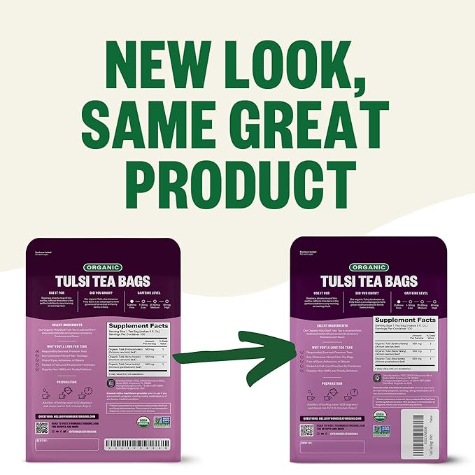 FGO Organic Tulsi Holy Basil Tea, 100 Count, Eco-Conscious Herbal Tea Bags, Resealable Bag, Caffeine Free, Packaging May Vary (Pack of 1)