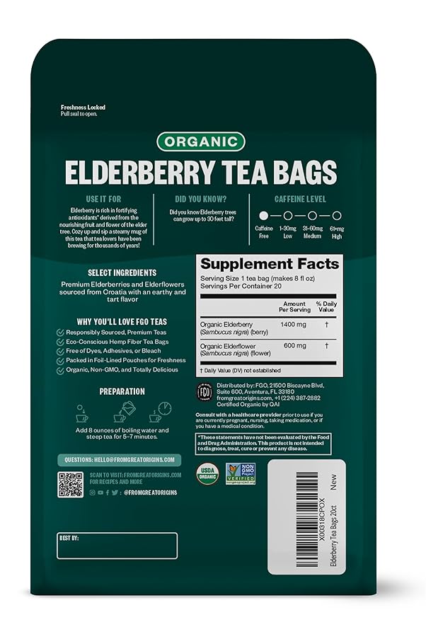 FGO Organic Elderberry Tea, 20 Count, Eco-Conscious Herbal Tea Bags, Resealable Bag, Caffeine Free, Packaging May Vary (Pack of 1)