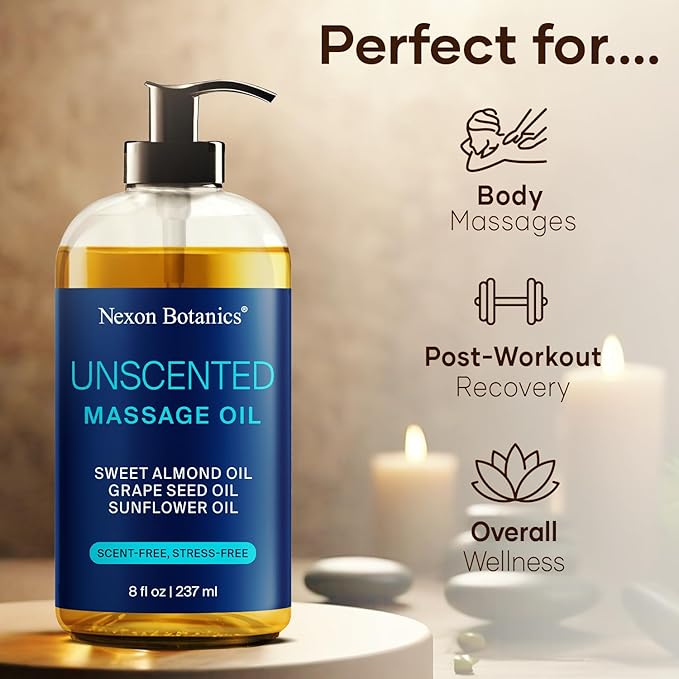 Unscented Massage Oil 8 fl oz - Hydrating Body Oil for Sensitive Skin & Muscle Relief - with Sweet Almond, Grape Seed & Sunflower Oils - Nexon Botanics