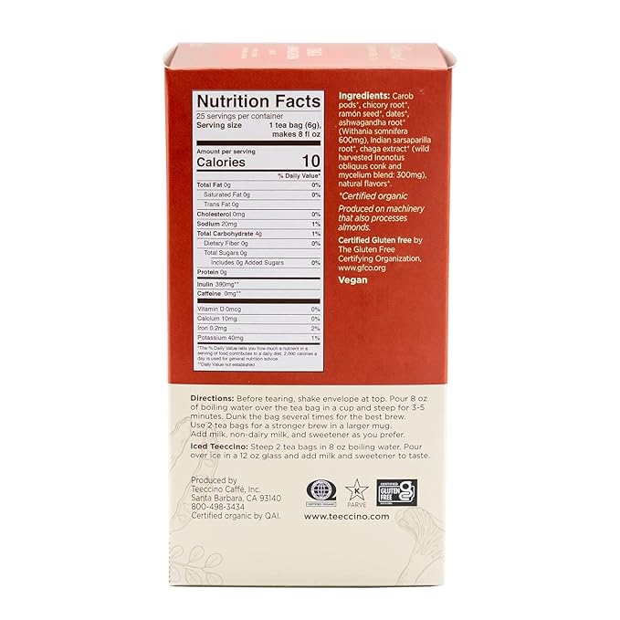 Teeccino Chaga Ashwagandha Tea - Butterscotch Cream - Organic Mushroom Adaptogenic Herbal Tea, 3x More Herbs than Regular Tea Bags, Prebiotic, Caffeine Free, Gluten Free - 25 Tea Bags (Pack of 3)