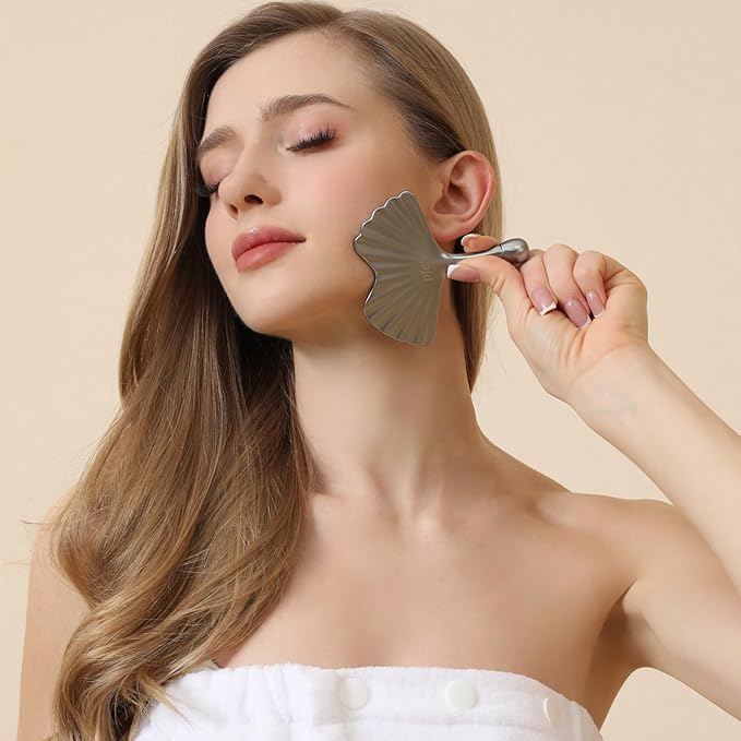 Stainless Steel Gua Sha & Face Roller, Ginkgo Gua Sha for Esthetician Supplies Women Gift, Skin Care Tool for Puffiness, Wrinkles, Dark Circles